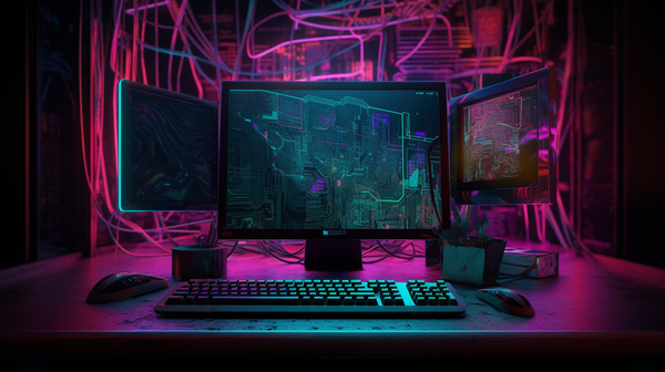 A picture of a computer with cyberpunk style colours