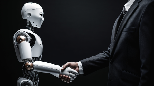A business man shaking hands with a humanoid robot
